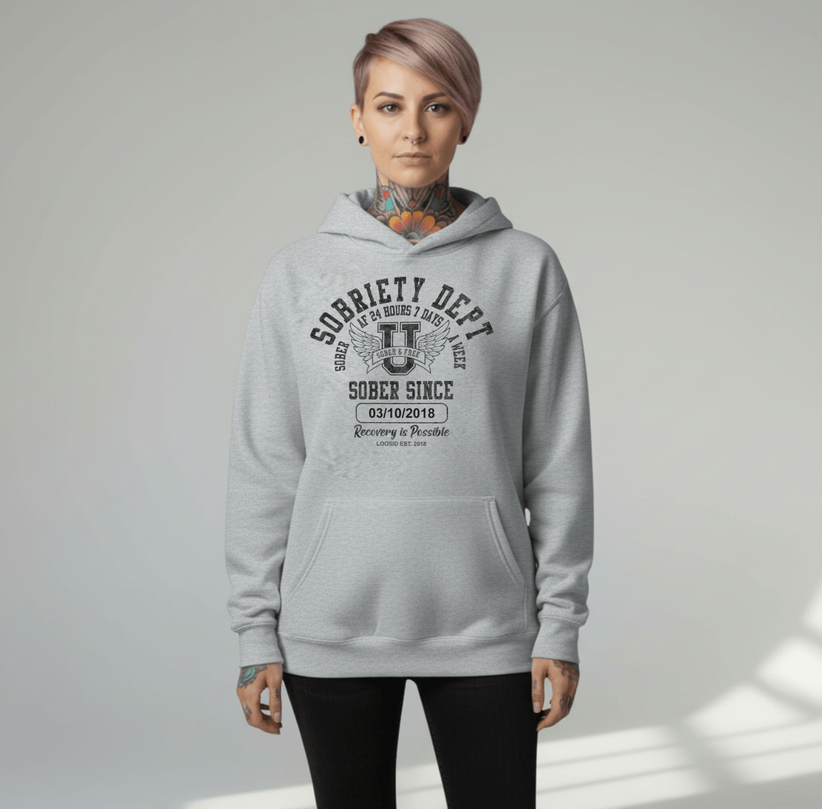 Recovery Hoodie | Sobriety Dept Sober AF 24/7 Unisex Hoodie with Custom Sobriety Date