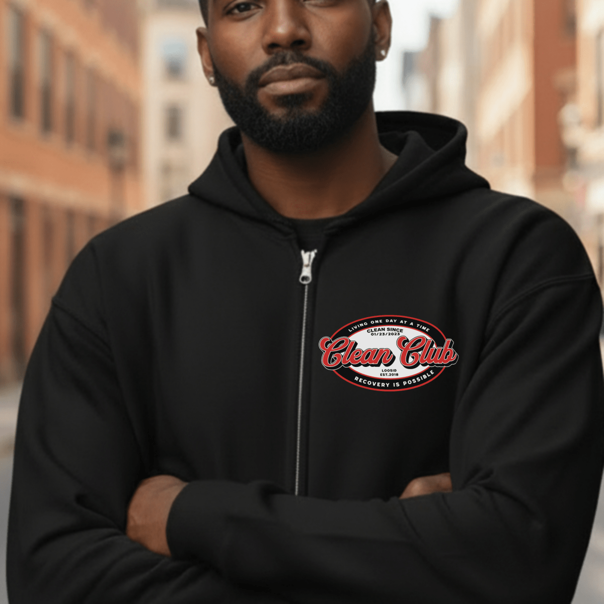 Clean Club Badge Unisex Zip Hoodie Front and Back Print Hoodie with Custom Recovery Date (Front & Back)