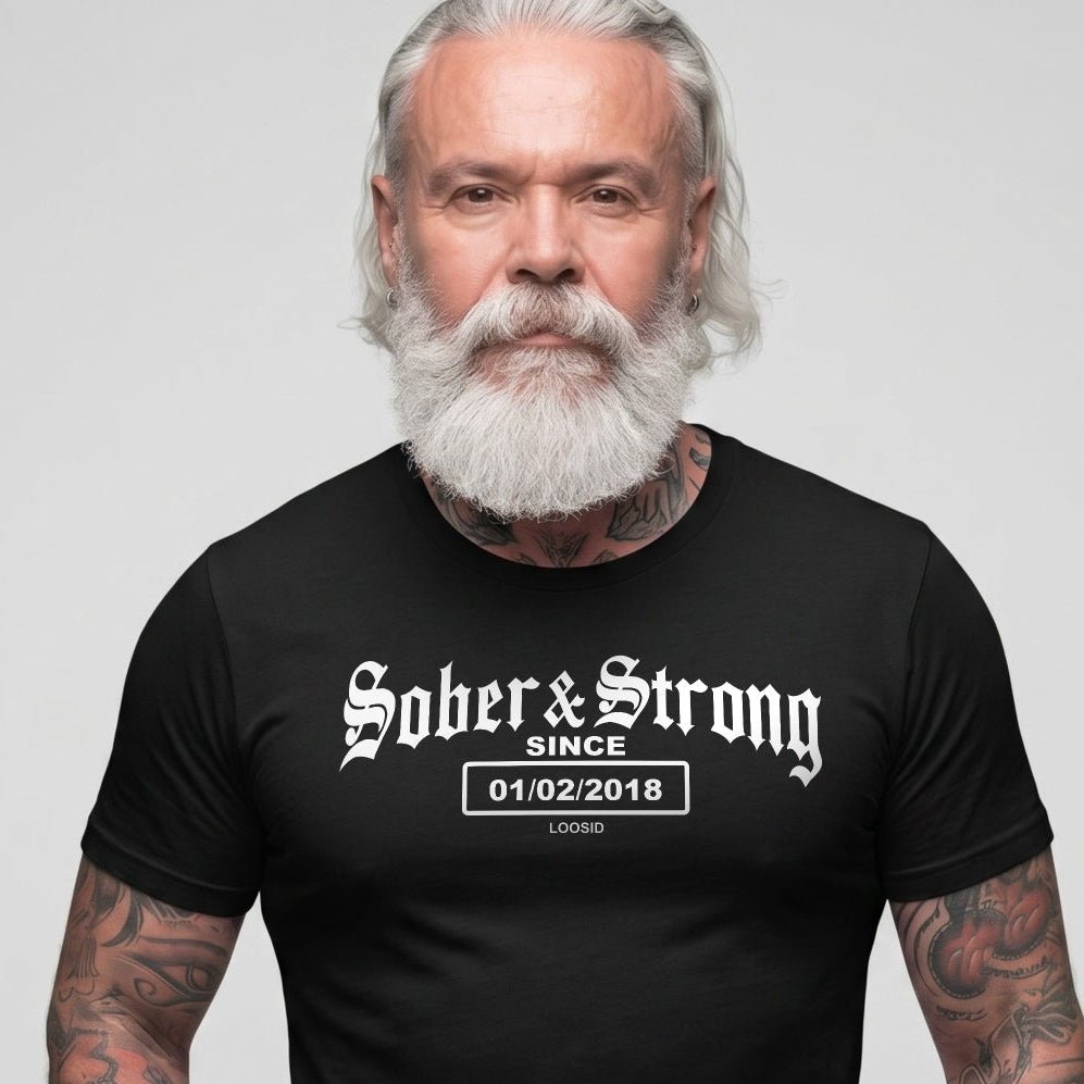 Sober T Shirt | Men’s Old School Sober & Strong Tee with Personalized Sobriety Date