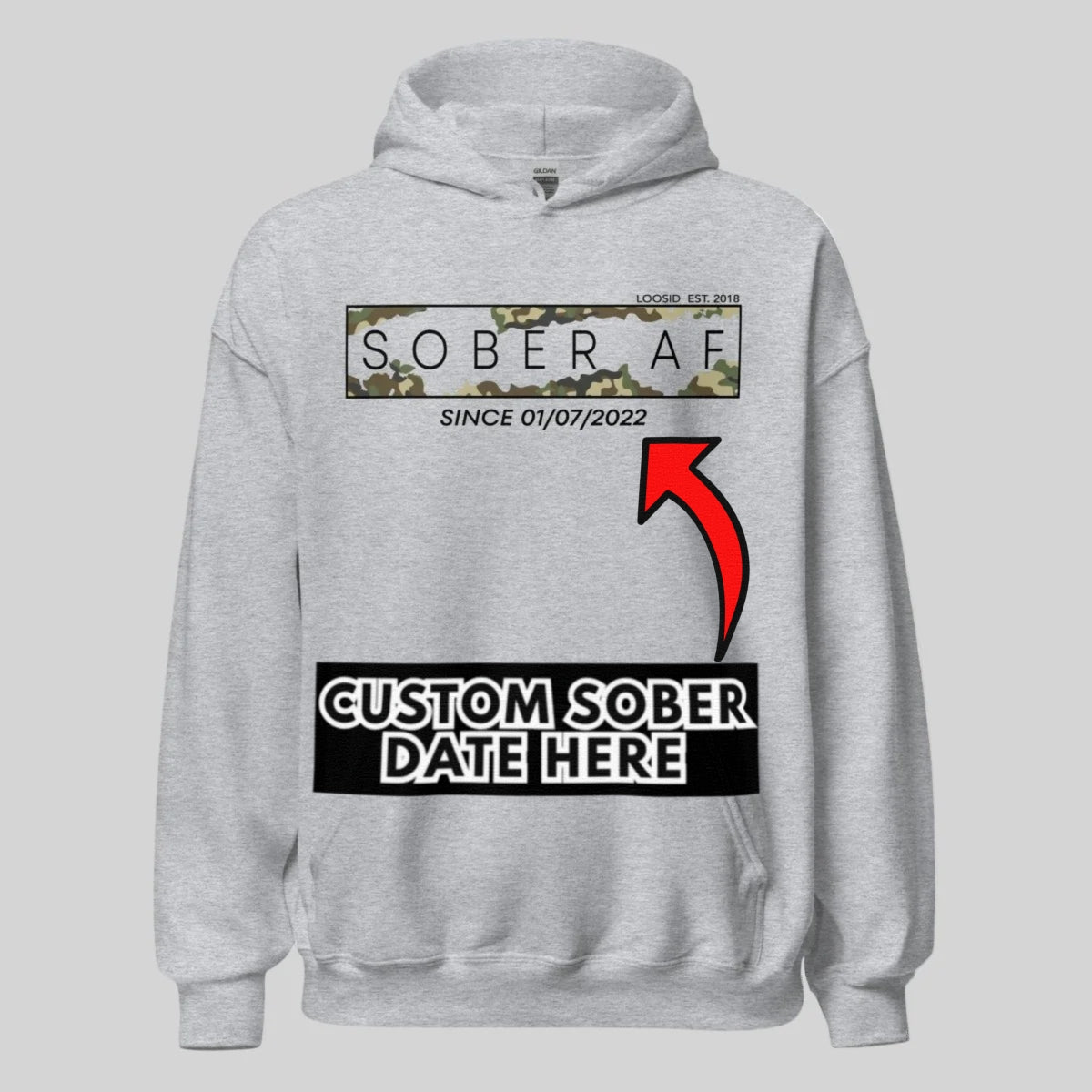 Recovery Hoodie | Unisex Sober AF Camo Hoodie with Custom Sober Date