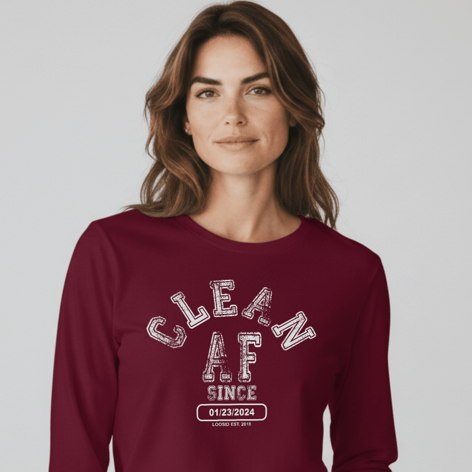 Clean AF Long Sleeve Sober T Shirt flat lay styled image (view 13)
