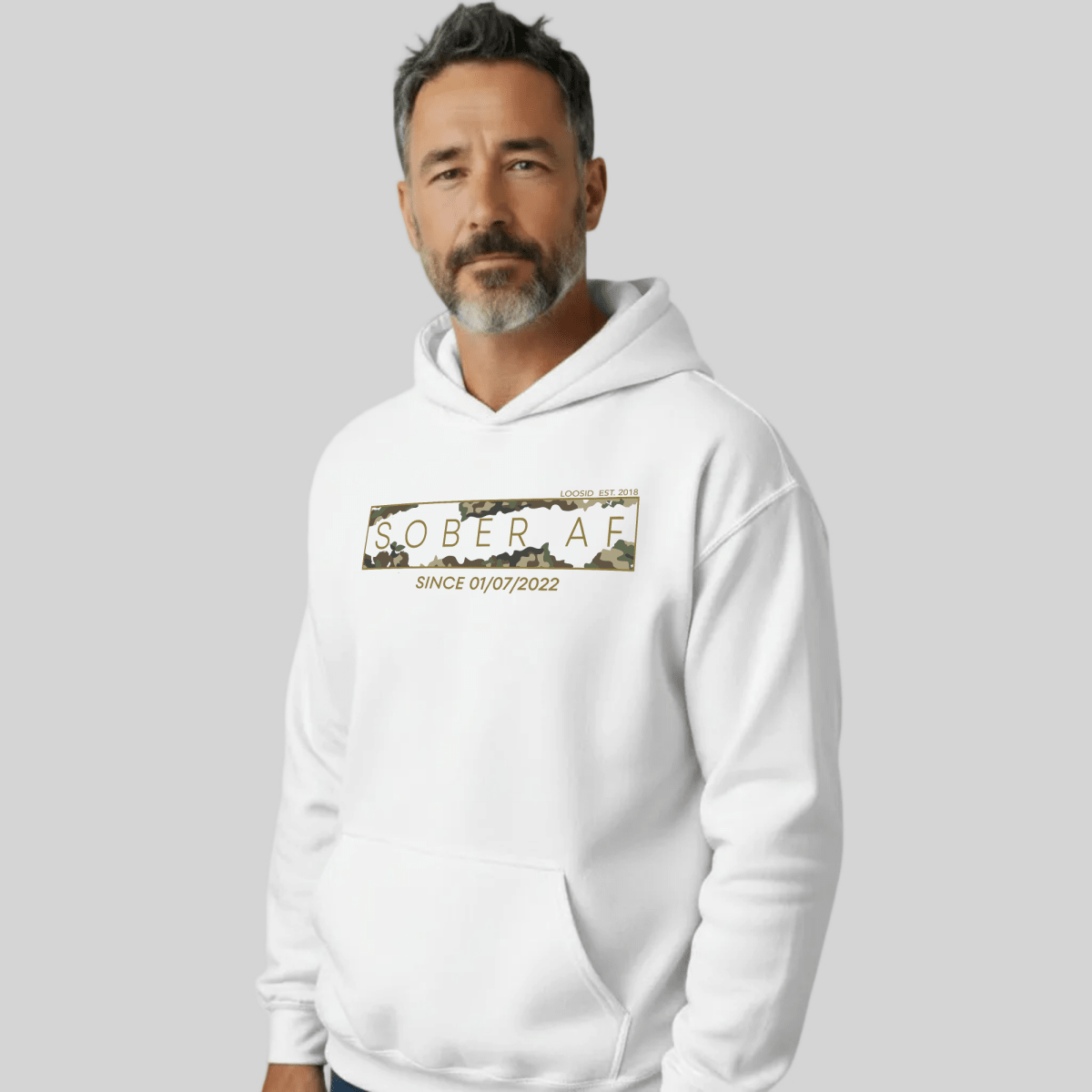 Recovery Hoodie | Unisex Sober AF Camo Hoodie with Custom Sober Date