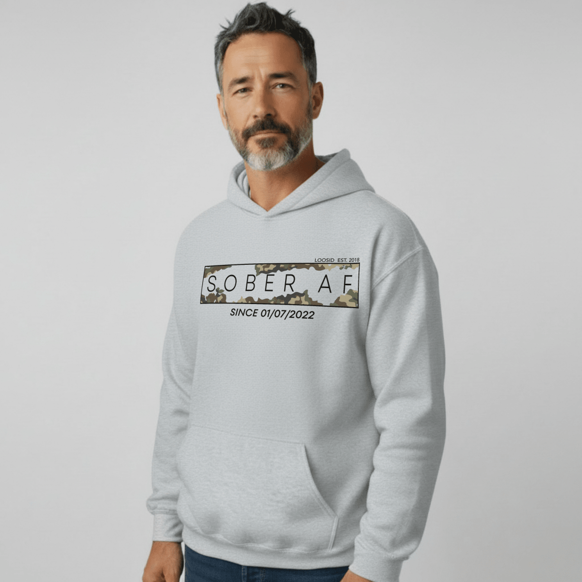 Recovery Hoodie | Unisex Sober AF Camo Hoodie with Custom Sober Date