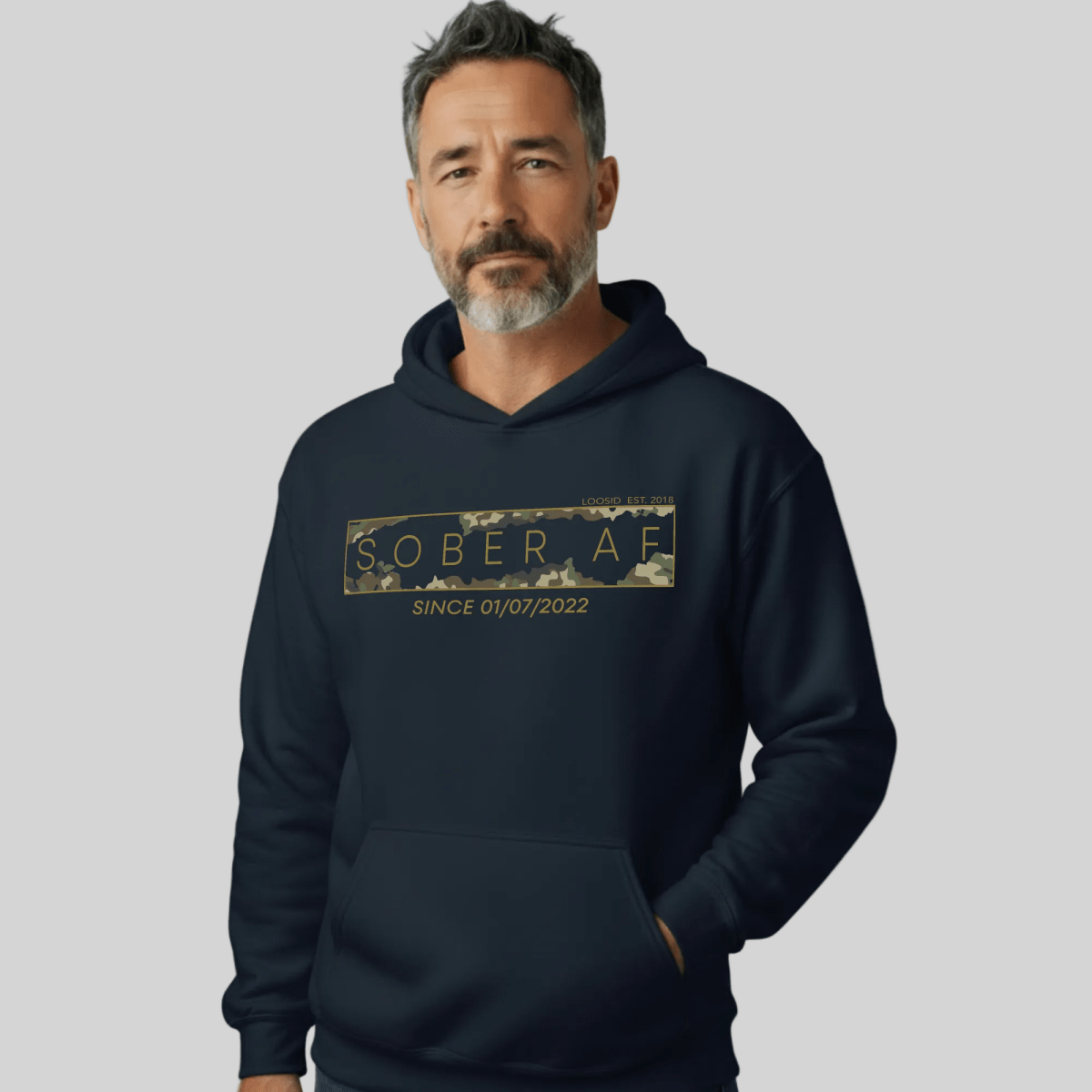 Recovery Hoodie | Unisex Sober AF Camo Hoodie with Custom Sober Date