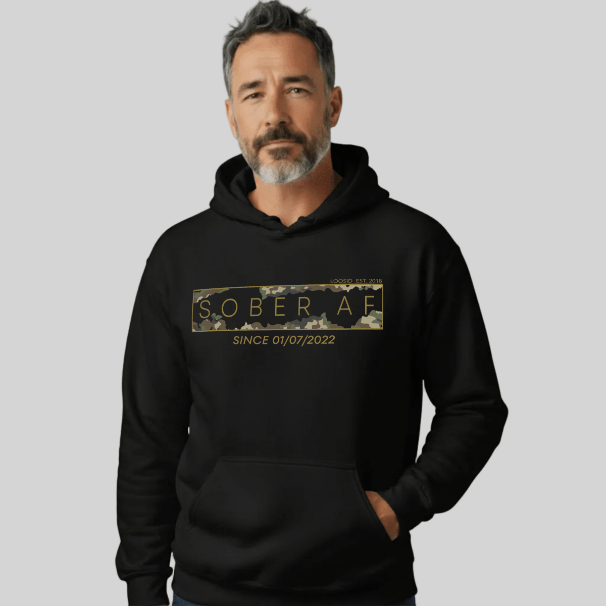 Recovery Hoodie | Unisex Sober AF Camo Hoodie with Custom Sober Date