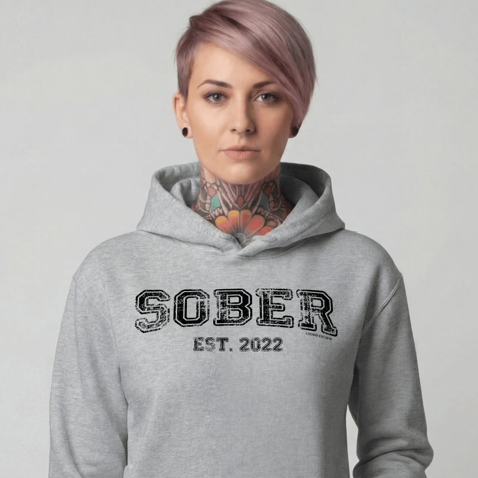 Sober Est. Hoodie w Personalized Sobriety Year Recovery Hoodie fit detail (view 19)