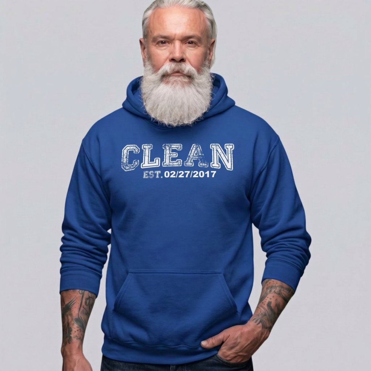 Clean Collegiate Hoodie W Personalize Recovery Date Recovery Hoodie flat lay styled image (view 13)