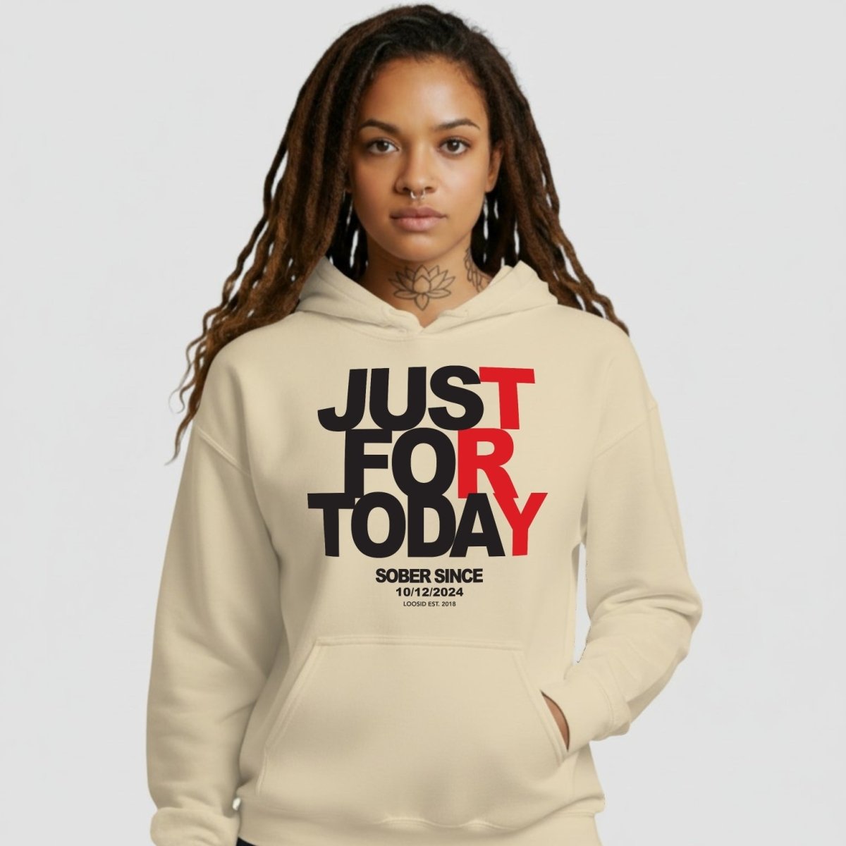 Just For Today Women's Custom Sobriety Date Recovery Hoodie lifestyle view (view 45)