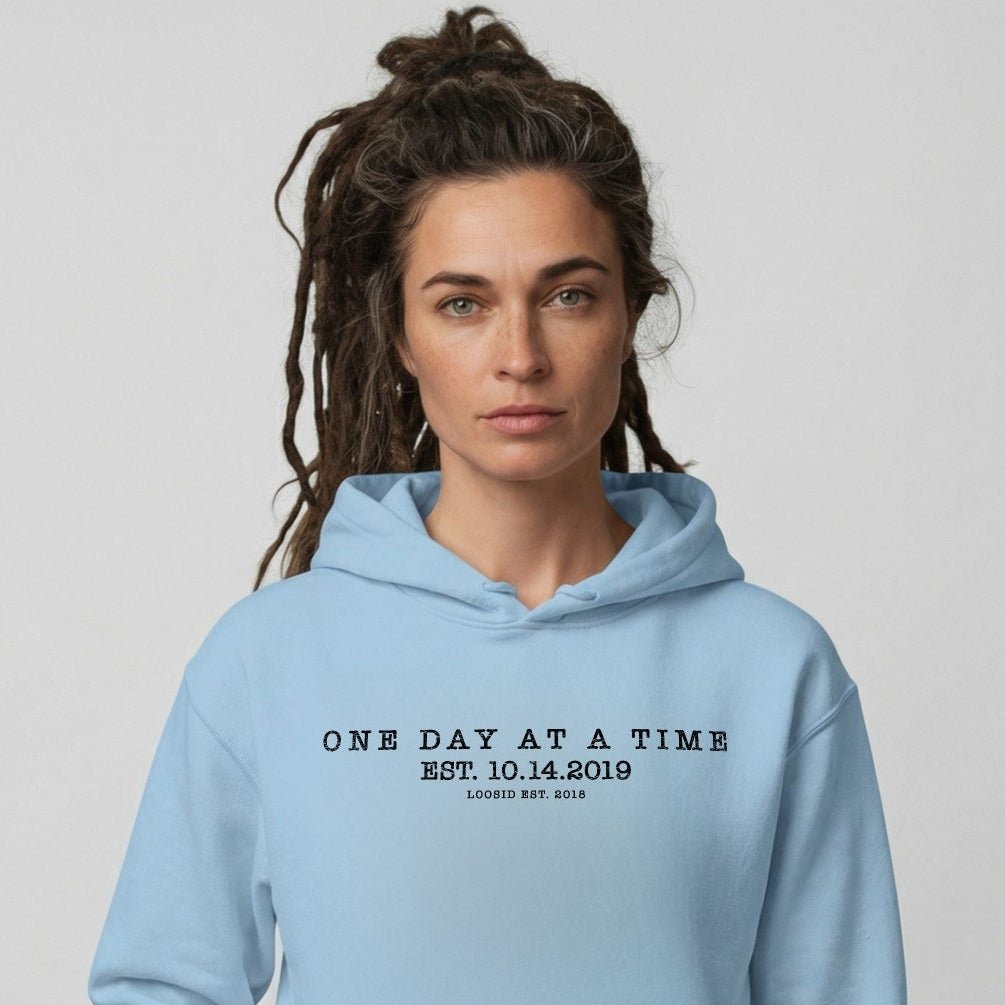 One Day At a Time Recovery Hoodie fit detail (view 9)