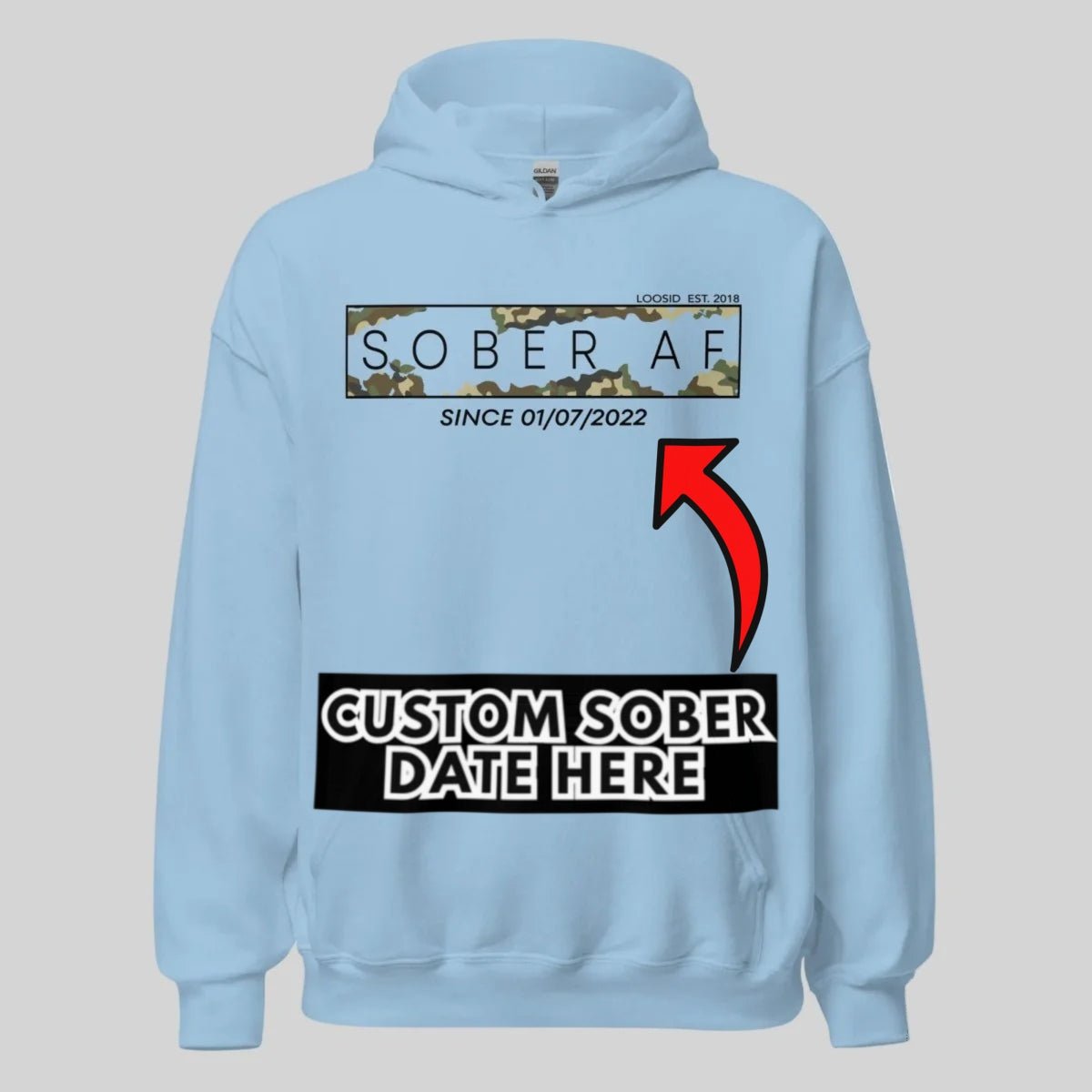 Recovery Hoodie | Unisex Sober AF Camo Hoodie with Custom Sober Date