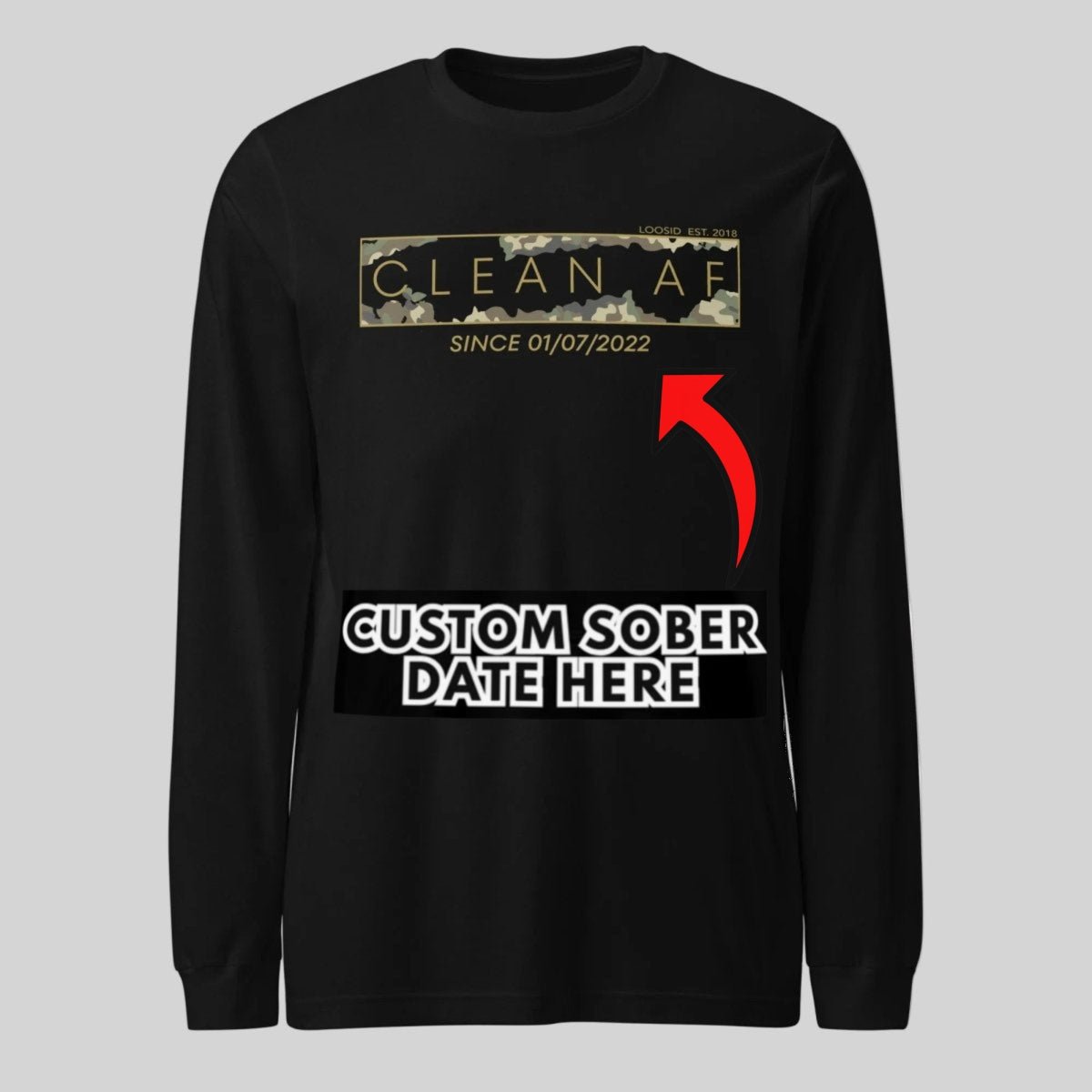 Clean AF Camo Long Sleeve Sober T Shirt graphic detail (view 4)