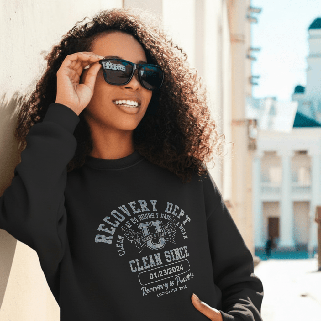 Loosid Women's Recovery Dept Sobriety Sweatshirt in black with collegiate crest and personalized Clean Since date — Loosid