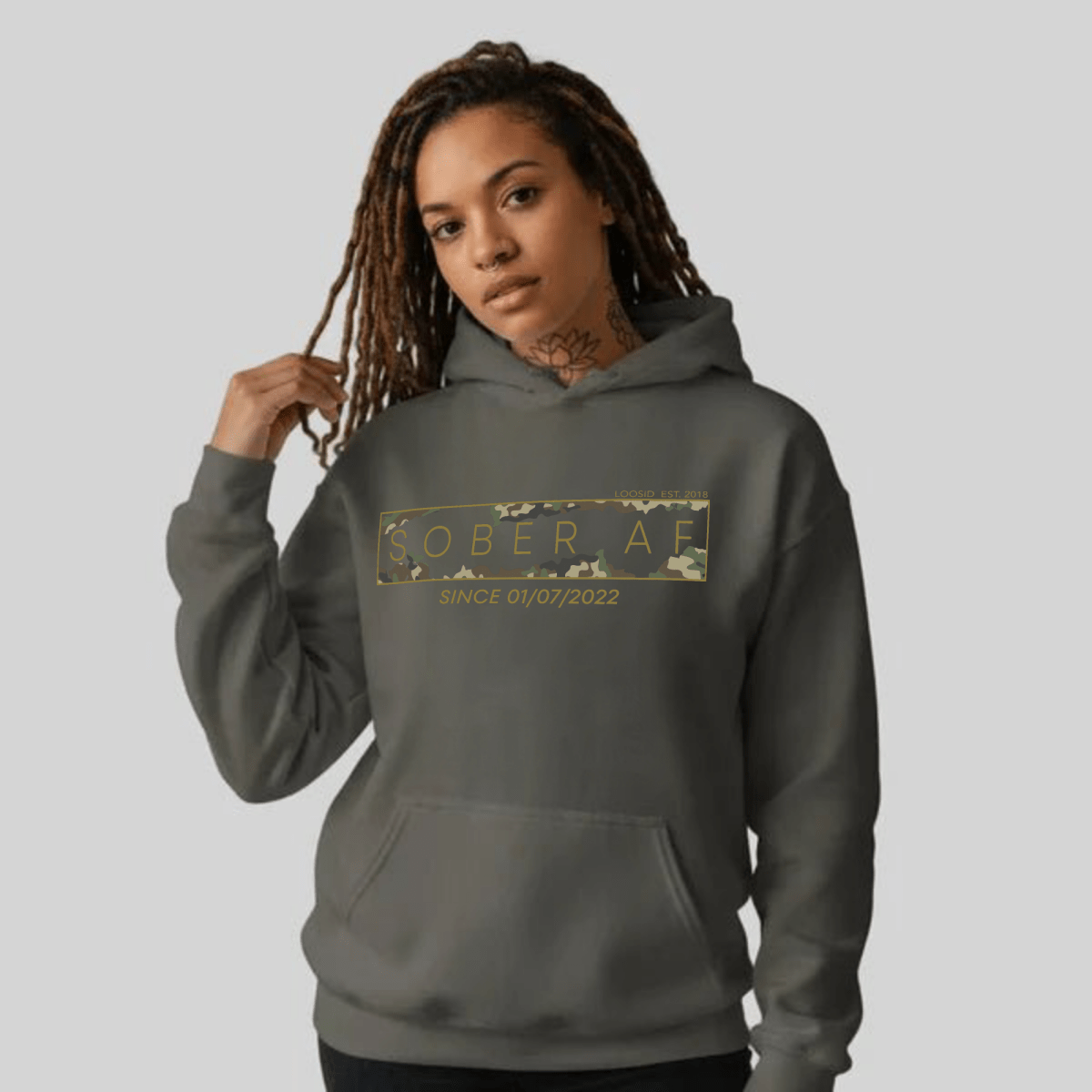 Recovery Hoodie | Unisex Sober AF Camo Hoodie with Custom Sober Date