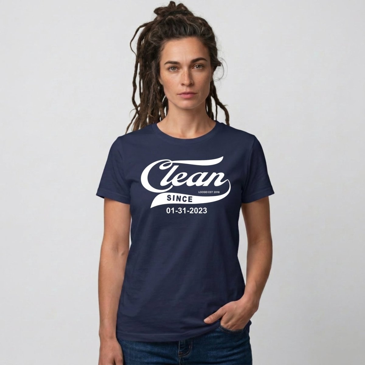 Clean Since Sober T Shirt flat lay styled image (view 3)
