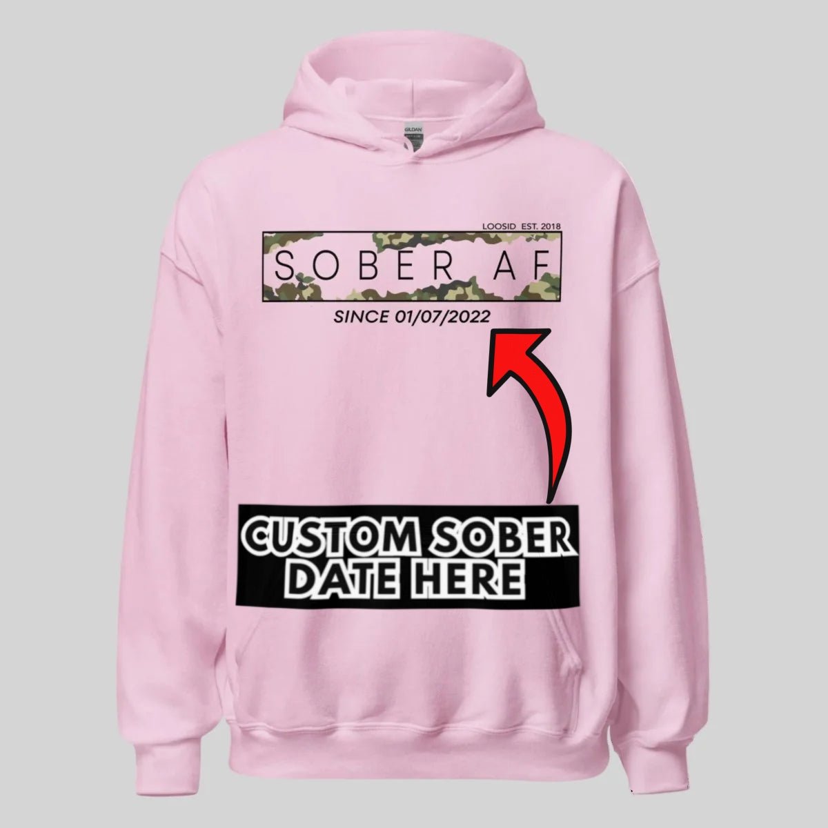 Recovery Hoodie | Unisex Sober AF Camo Hoodie with Custom Sober Date