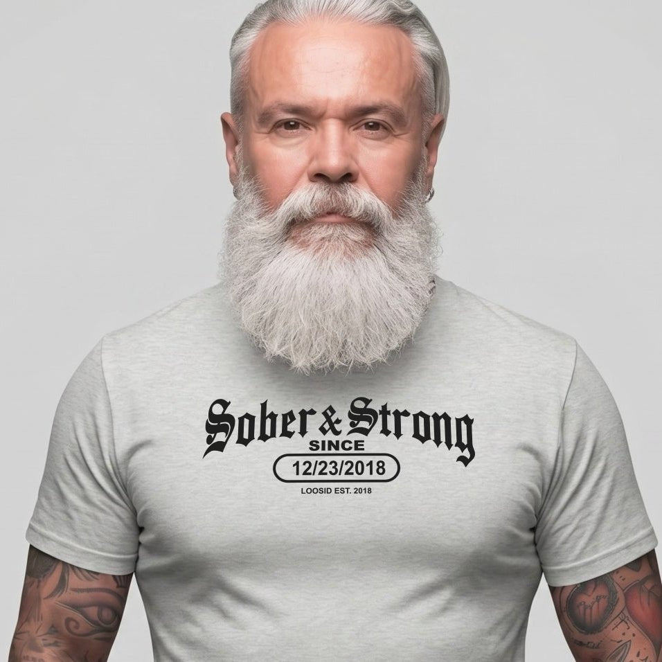 Sober T Shirt | Men's Old School Sober & Strong Tee with Personalized Sobriety Date