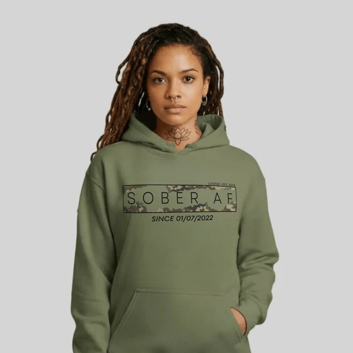 Recovery Hoodie | Unisex Sober AF Camo Hoodie with Custom Sober Date
