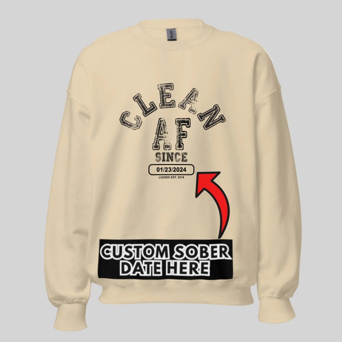 Men's heather gray Loosid Clean AF Since sobriety sweatshirt with personalized sober merchandise design β Loosid