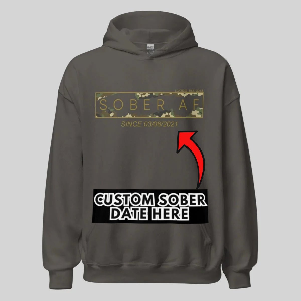 Recovery Hoodie | Unisex Sober AF Camo Hoodie with Custom Sober Date