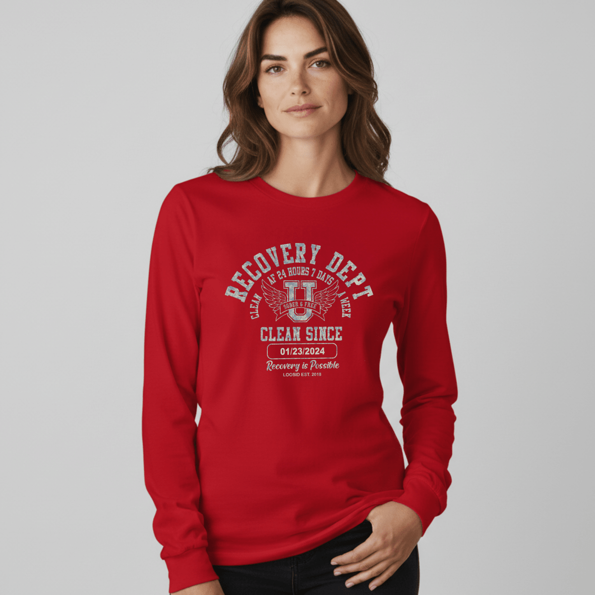 Recovery Dept 24/7 Long Sleeve T-shirt with Custom Recovery Date | Clean Shirt