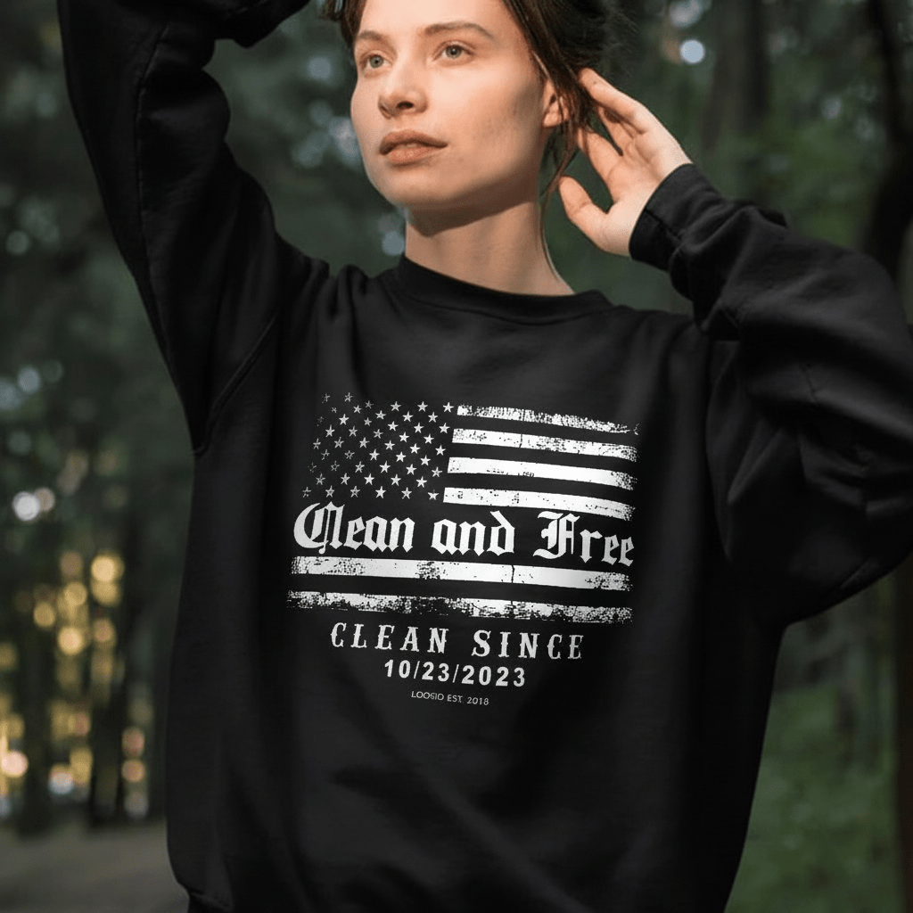 Loosid Women's Clean and Free Sobriety Sweatshirt in black with American flag graphic and personalized Clean Since date — Loosid