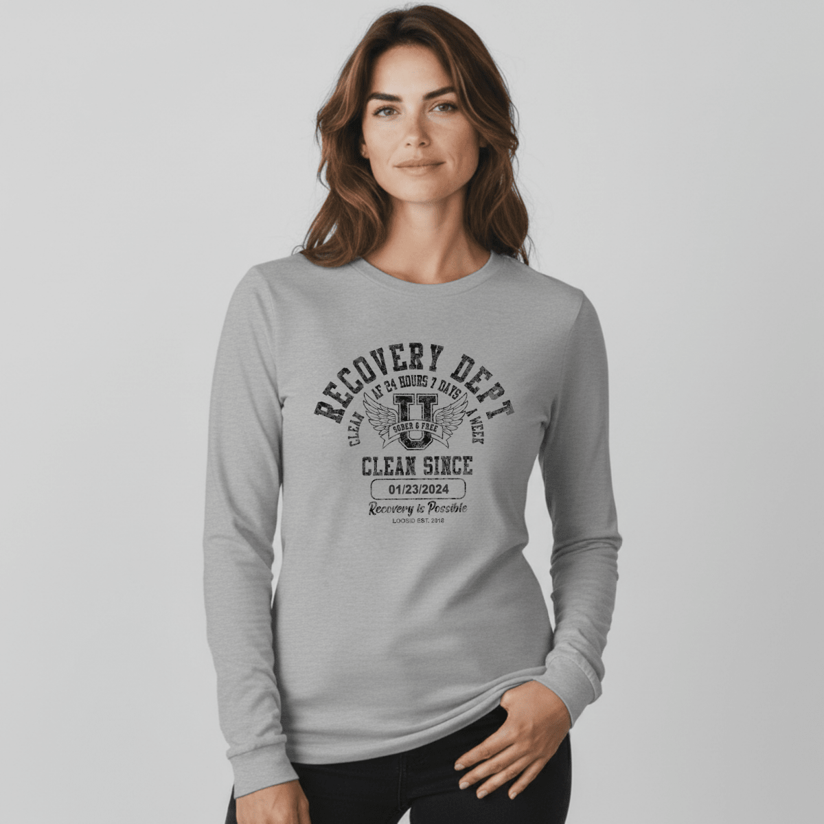Recovery Dept 24/7 Long Sleeve T-shirt with Custom Recovery Date | Clean Shirt
