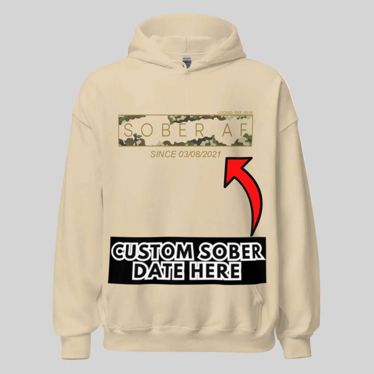 Recovery Hoodie | Unisex Sober AF Camo Hoodie with Custom Sober Date