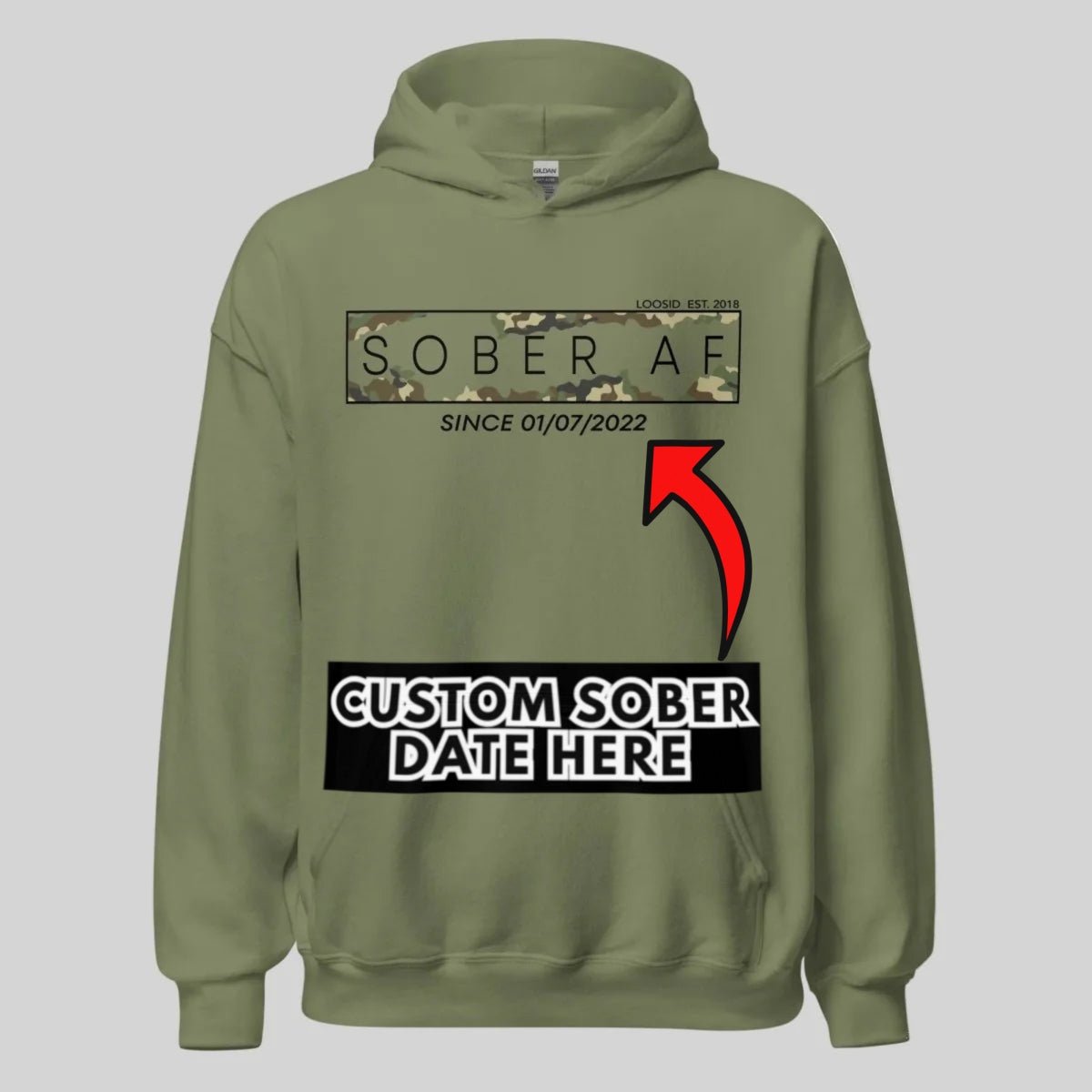 Recovery Hoodie | Unisex Sober AF Camo Hoodie with Custom Sober Date