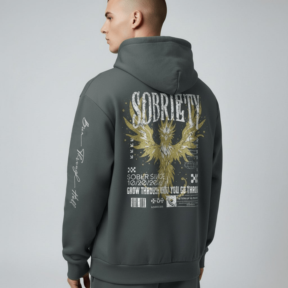 Model wearing Phoenix Reborn Sober Hoodie - Navy