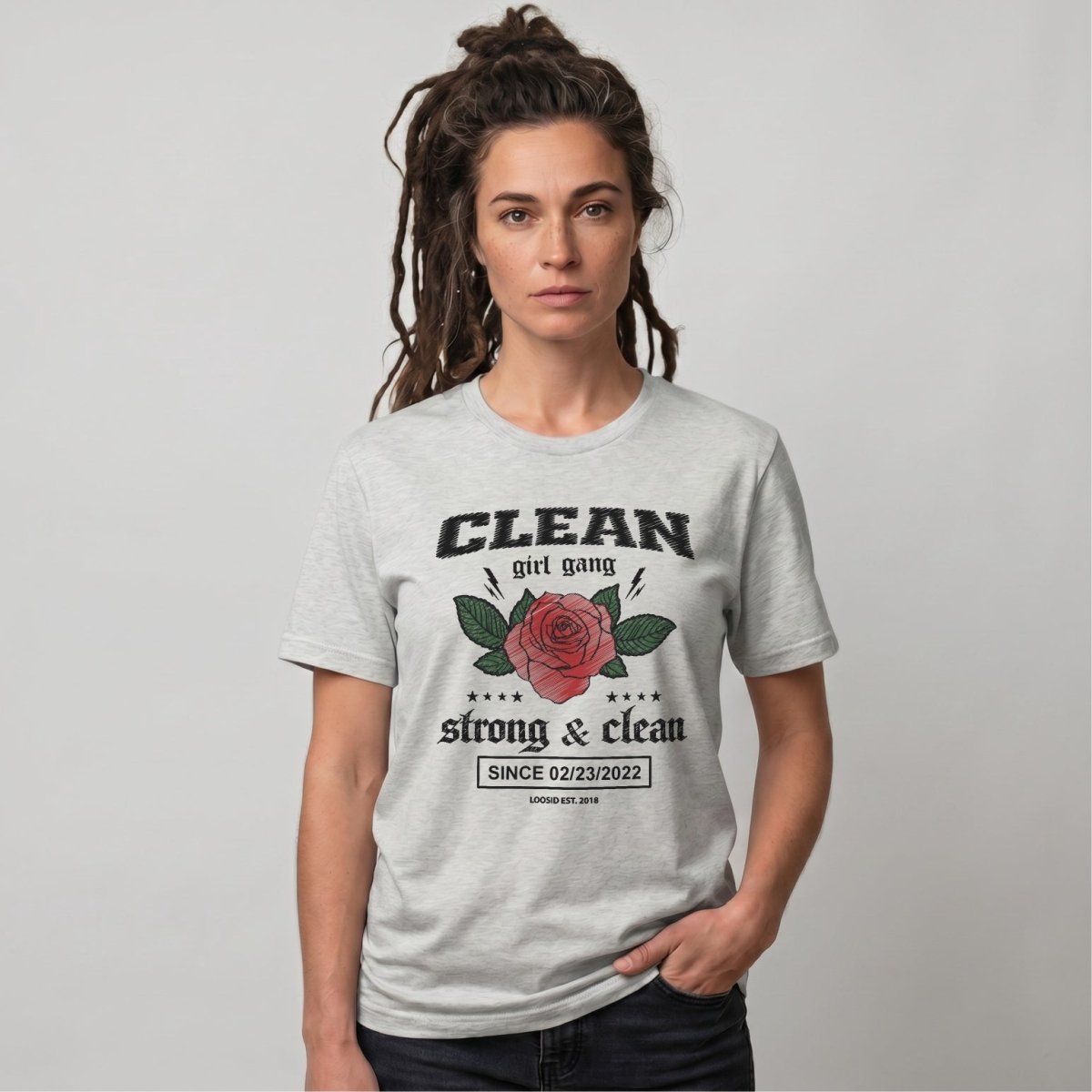 Clean Girl Gang Strong & Clean Sober T Shirt close-up view (view 22)