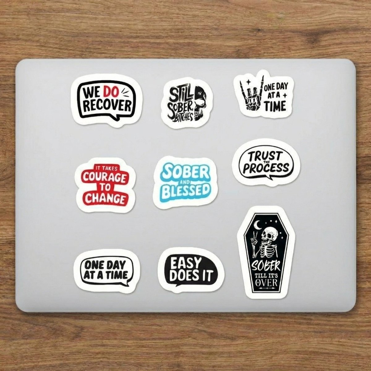 sober stickers on laptop front