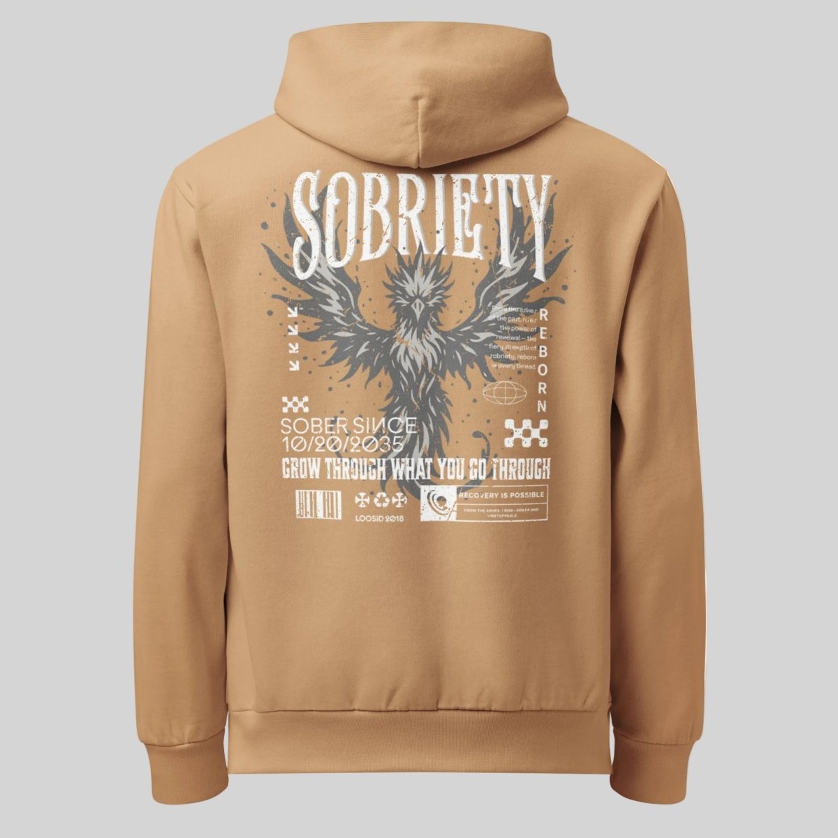 Back of Phoenix Reborn Sober Hoodie - Tan