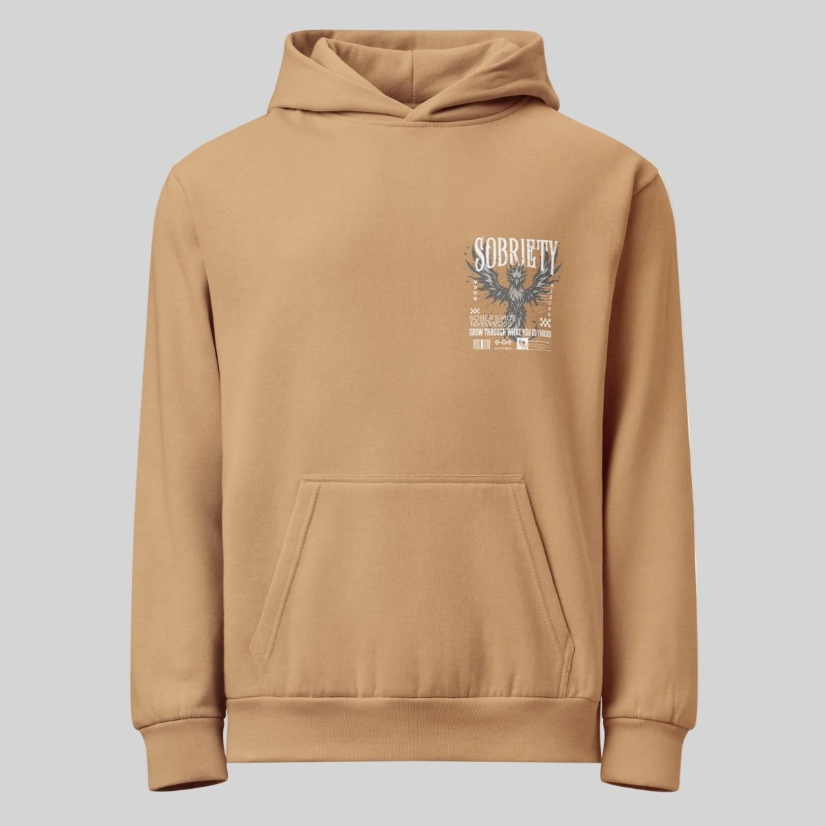 Front of Phoenix Reborn Sober Hoodie - Tan