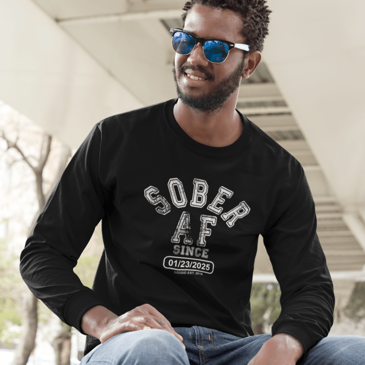 Men's Sober AF Since Long Sleeve T-shirt with Custom Sobriety Date