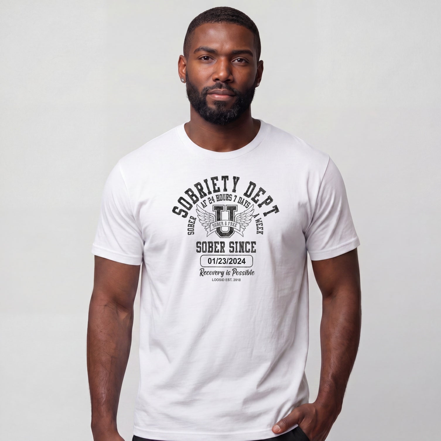 Sobriety Dept Men's T-Shirt with Custom Sobriety Date