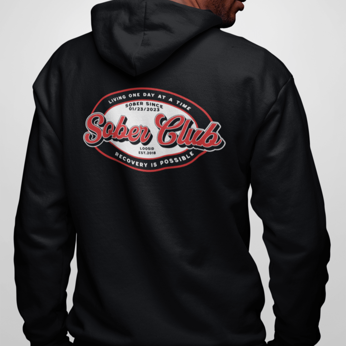 Sober Club Badge Unisex Zip Hoodie Front and Back Print Hoodie with Custom Sobriety Date (Front & Back)