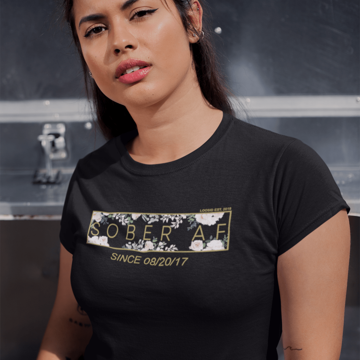 Women's Sober AF Flower Bundle w/ Personalized Sobriety Date | T-Shirt + Trucker Hat + Dog Tag