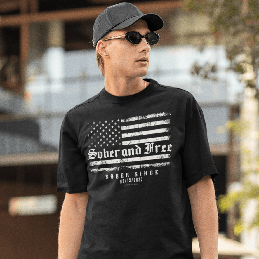 Men's Sober and Free T-shirt with Custom Sobriety Date