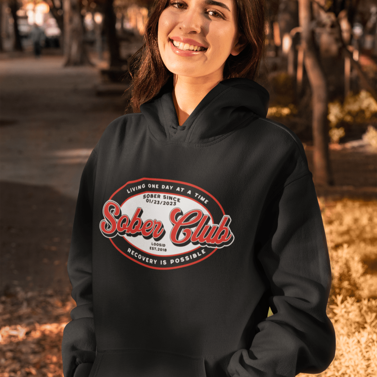 Sober Club Badge Unisex Hoodie with Custom Sobriety Date