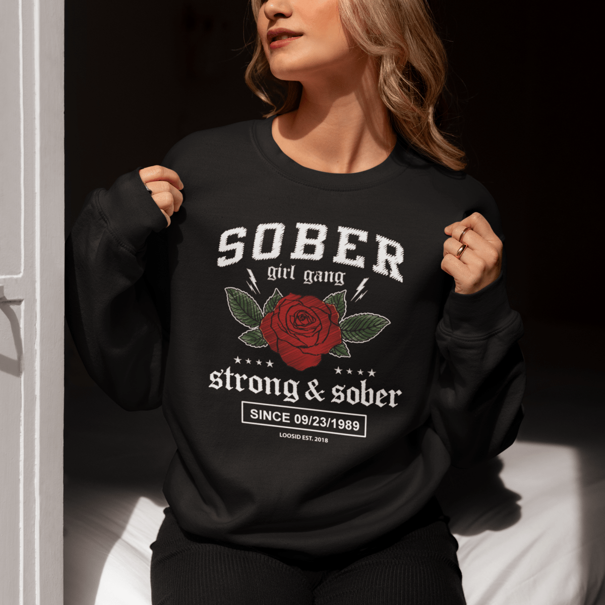 SOBER Girl Gang Strong & Sober Recovery Hoodie close-up view (view 2)