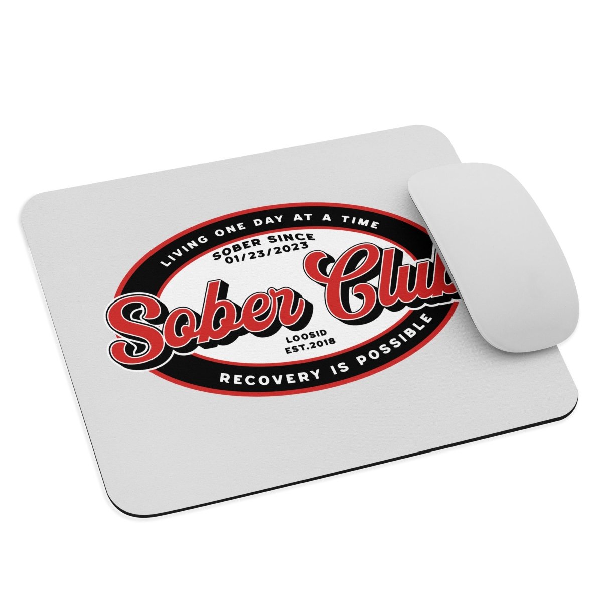 Loosid Sober Club Badge Recovery Mouse Pad featuring the design
