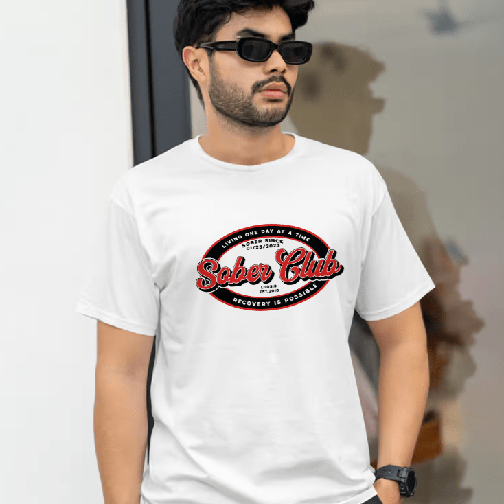 Sober Club Badge Unisex T-shirt with Custom Sobriety Date