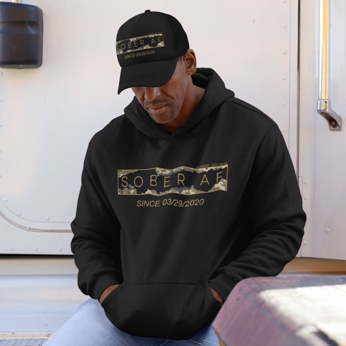 Men's Sober AF Camo Hoodie + Trucker Hat Bundle w/ Personalized Sobriety Date