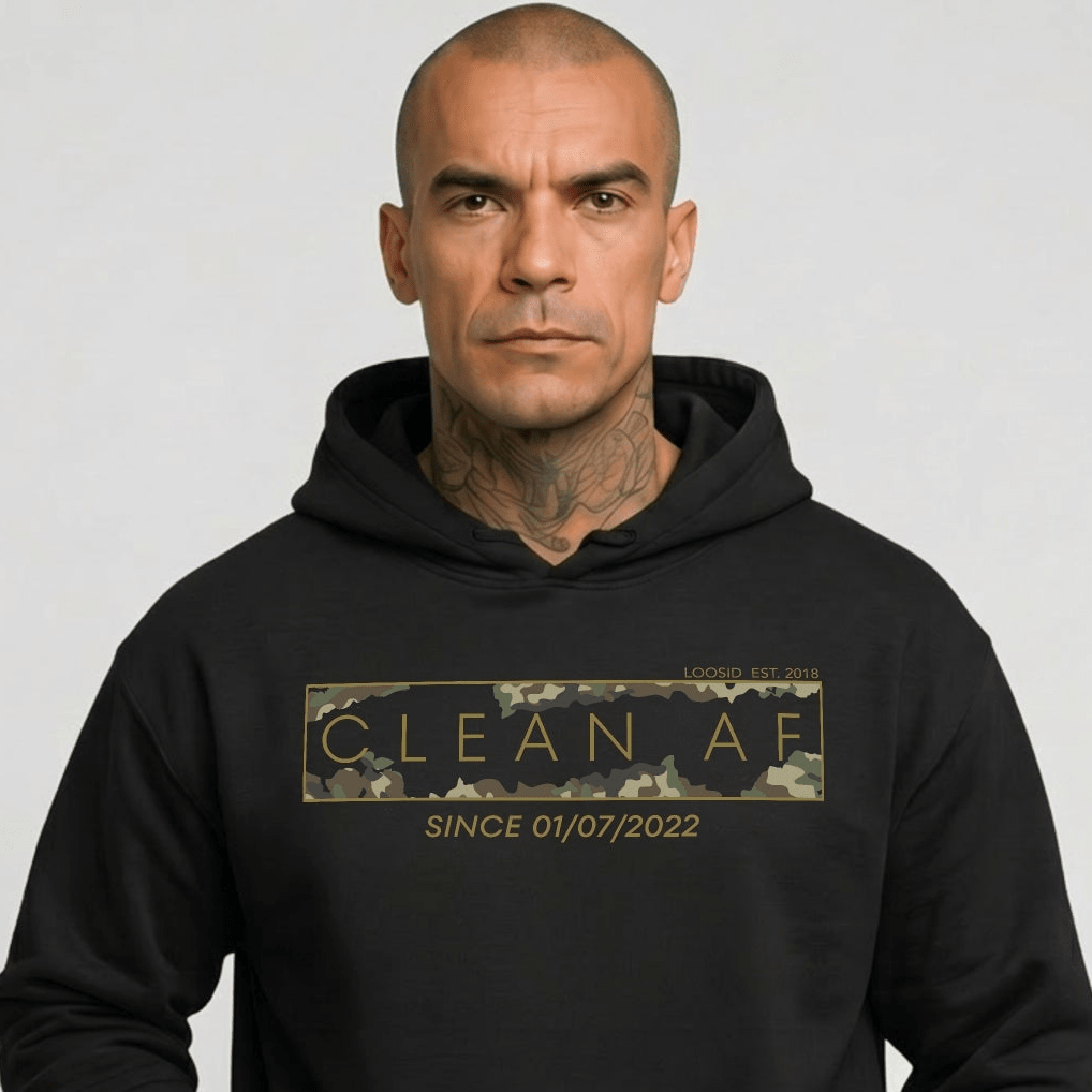 Clean AF Camo Recovery Hoodie close-up view (view 2)