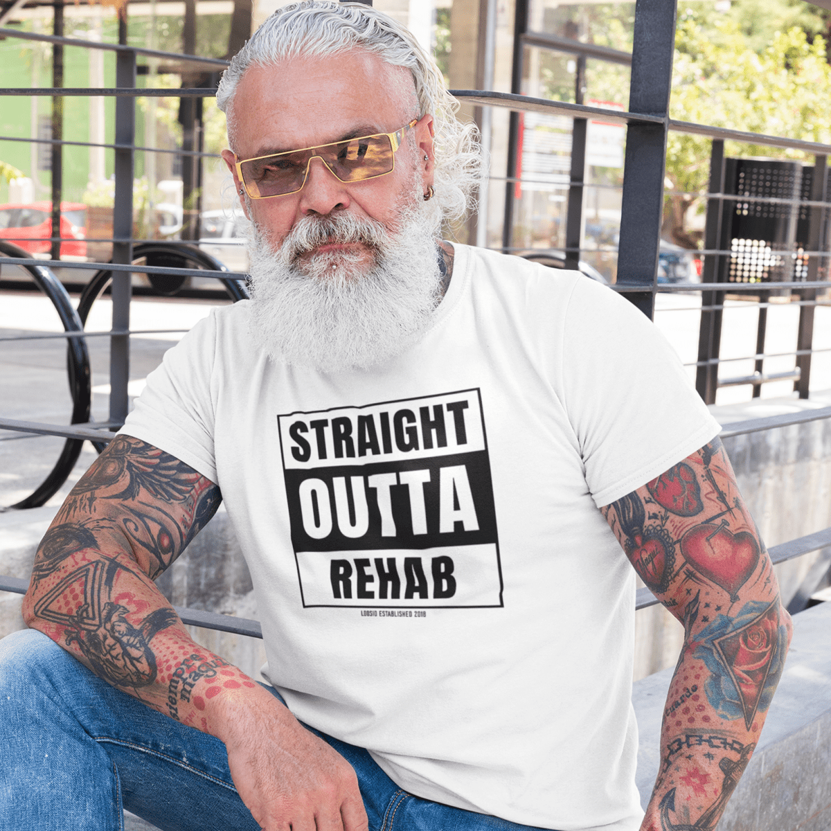Straight Outta Rehab Sober T Shirt flat lay styled image (view 23)