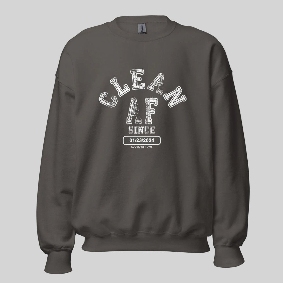 Men's navy Loosid Recovery sweater featuring Clean AF Since personalized sober merchandise crewneck β Loosid