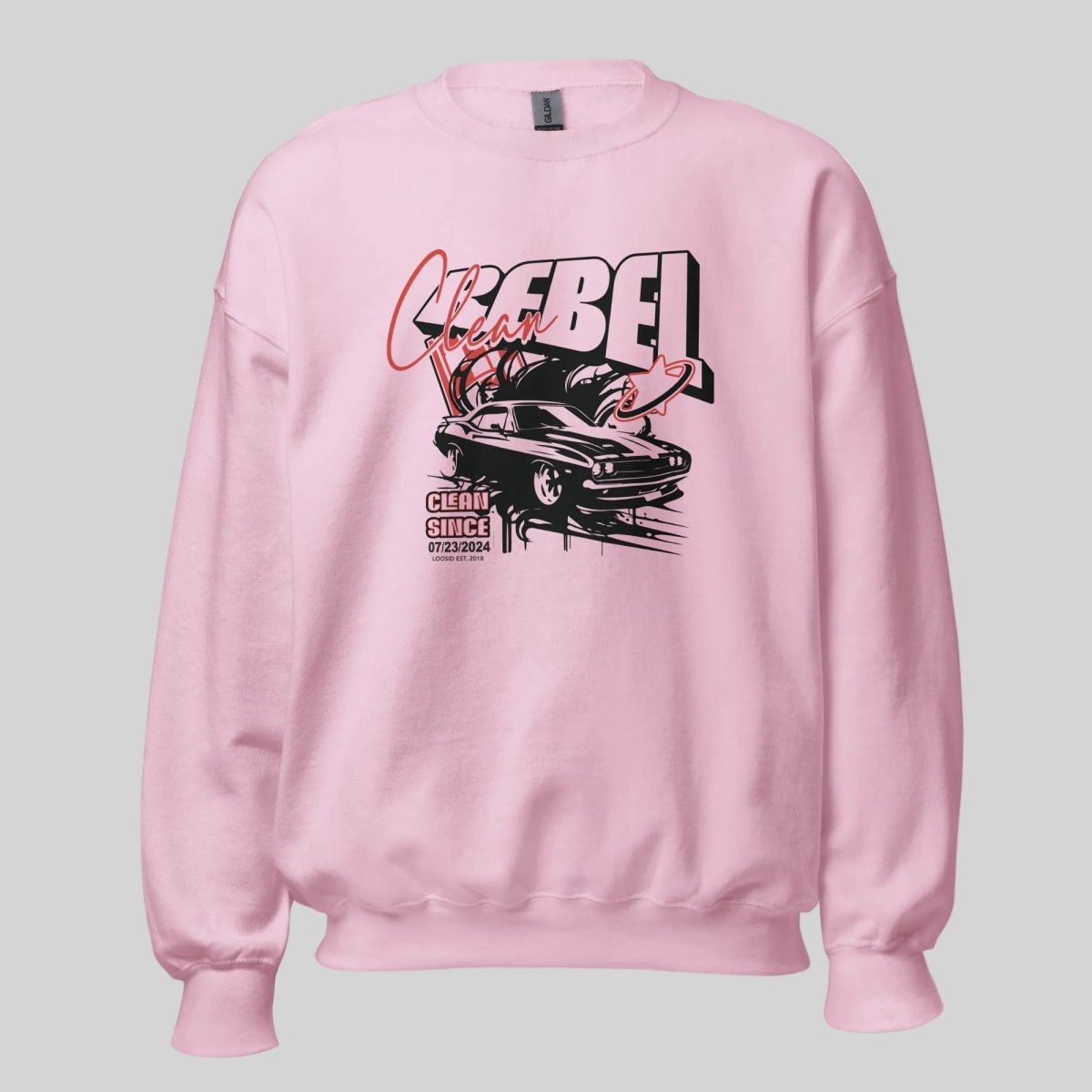 Women's pink Loosid Recovery sweater with Clean Rebel personalized sober clothing muscle car graphic β Loosid