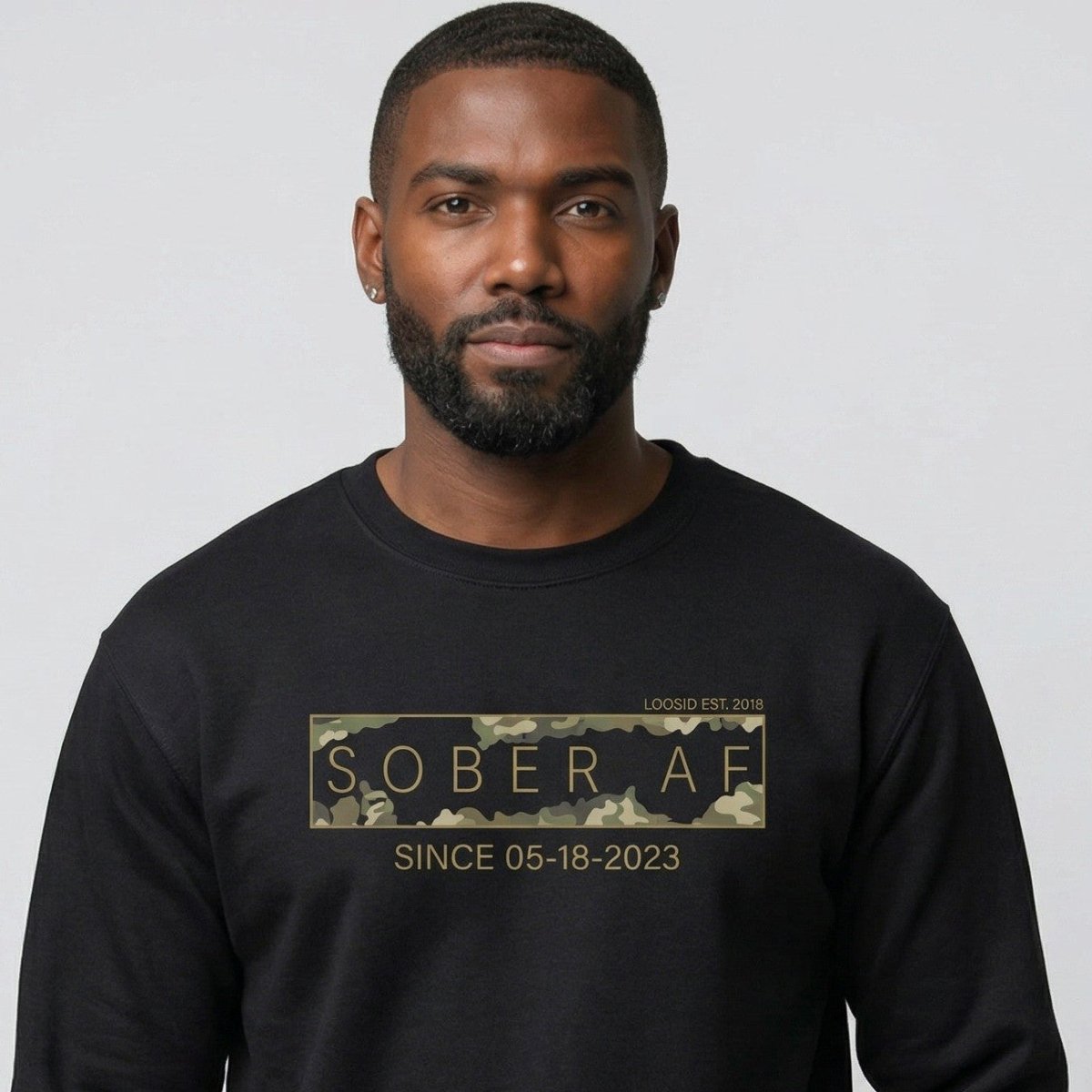 Sober AF Camo Crewneck Sweatshirt w/ Personalized Sobriety Date