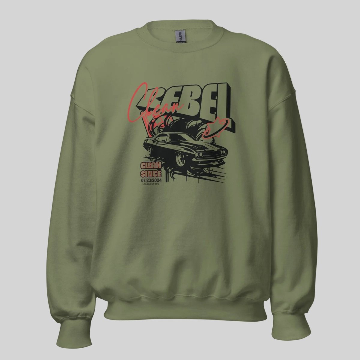 Women's army green Loosid Clean Rebel sobriety sweatshirt with custom personalized Recovery milestone date β Loosid