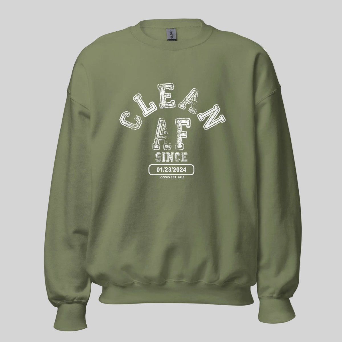 Loosid charcoal personalized Recovery sweater with Clean AF Since bold sober clothing collegiate graphic β Loosid